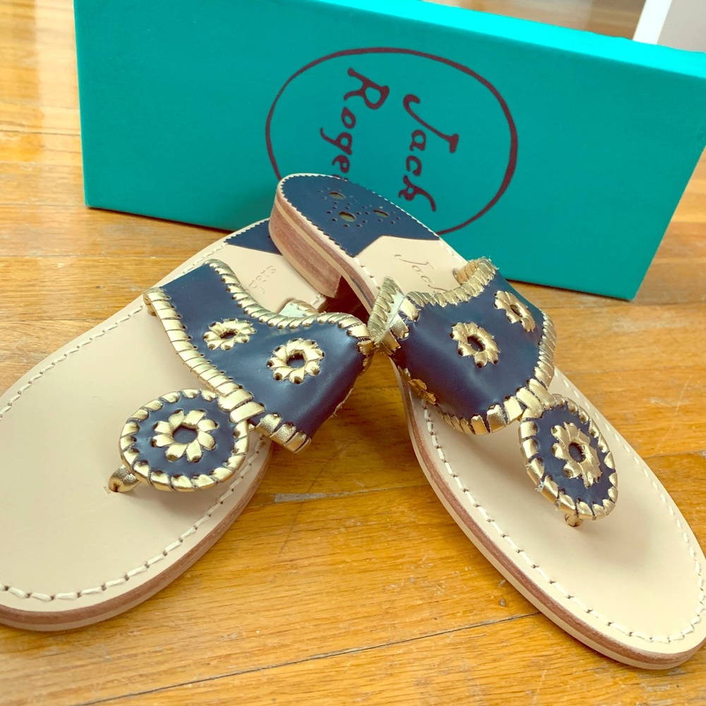Jack Rogers navy and gold sandals